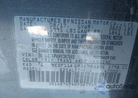 2017 Nissan Sentra Sv from USA, damaged, VIN 3N1AB7AP4HY387949